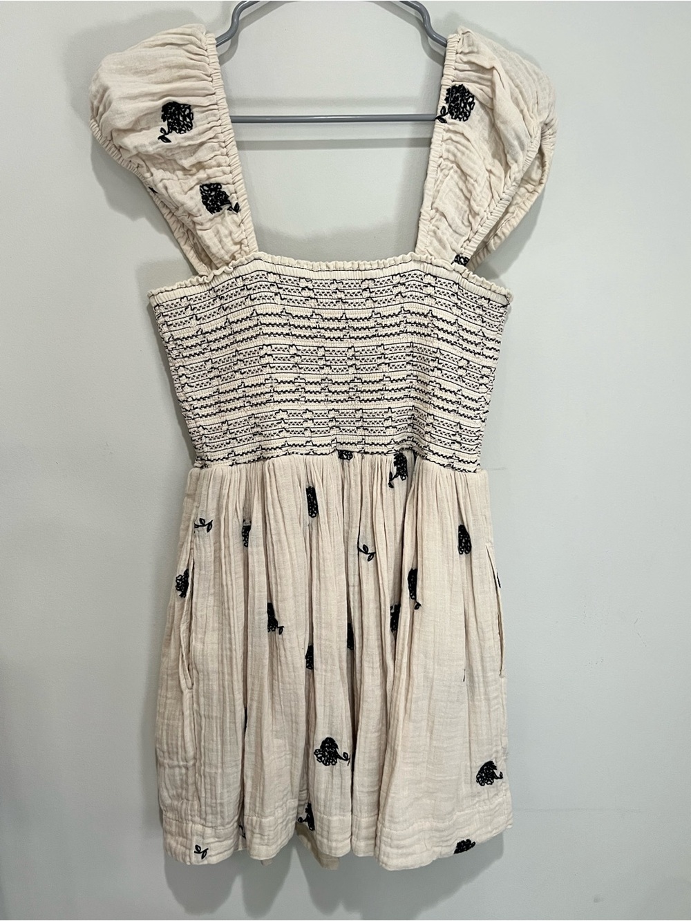 Free People Cream Mini Dress with Black Floral Embroidery